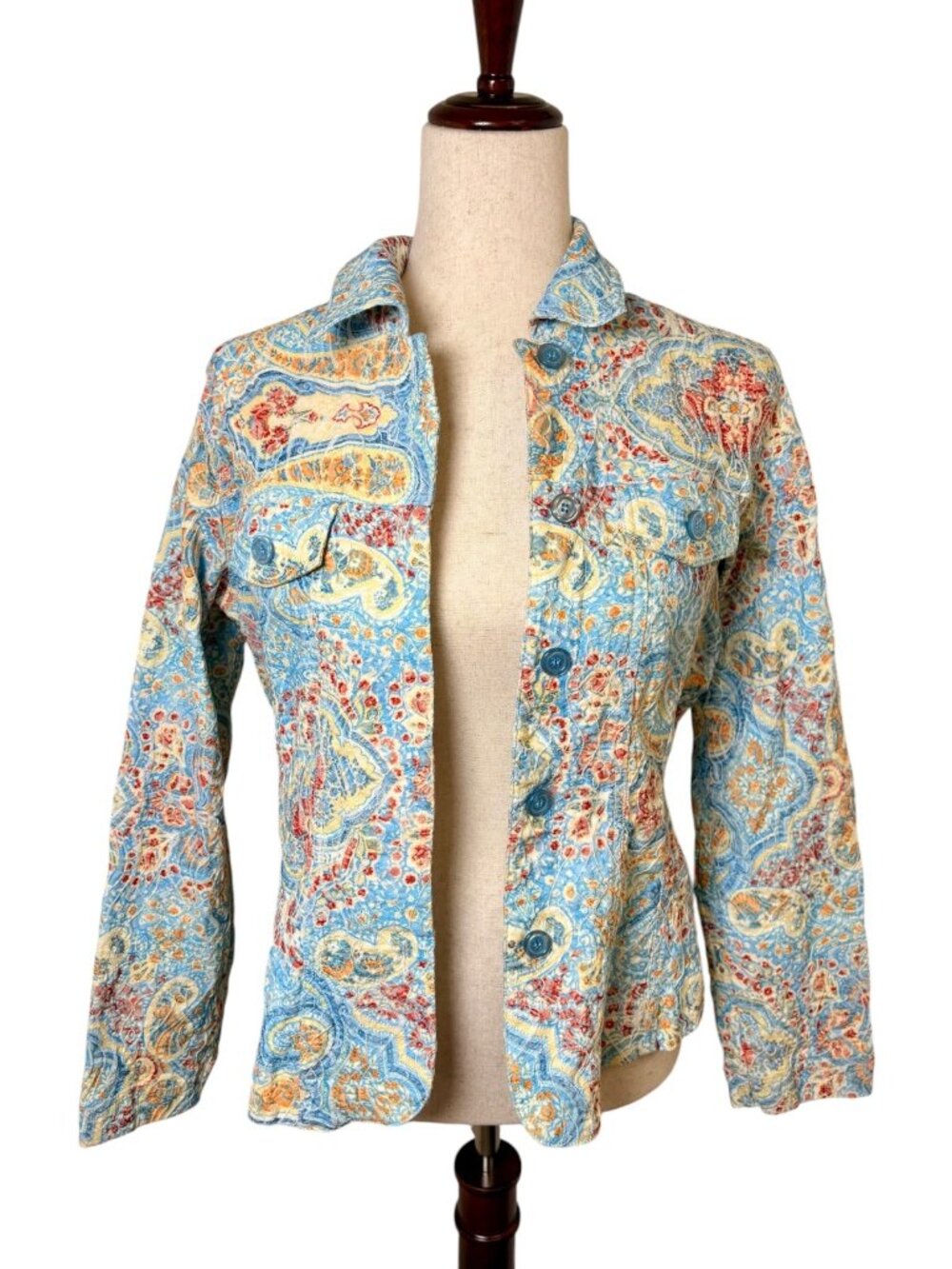 Joni B Blue Paisley Quilted Button Front Jacket Y2K Size Small